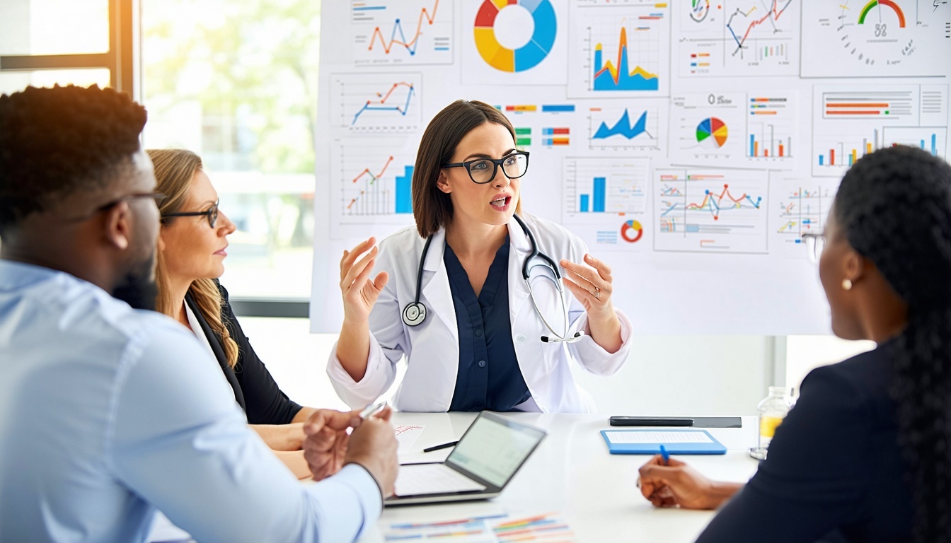 The image depicts a diverse group of healthcare professionals gathered in a bright conference room engaged in a collaborative discussion.